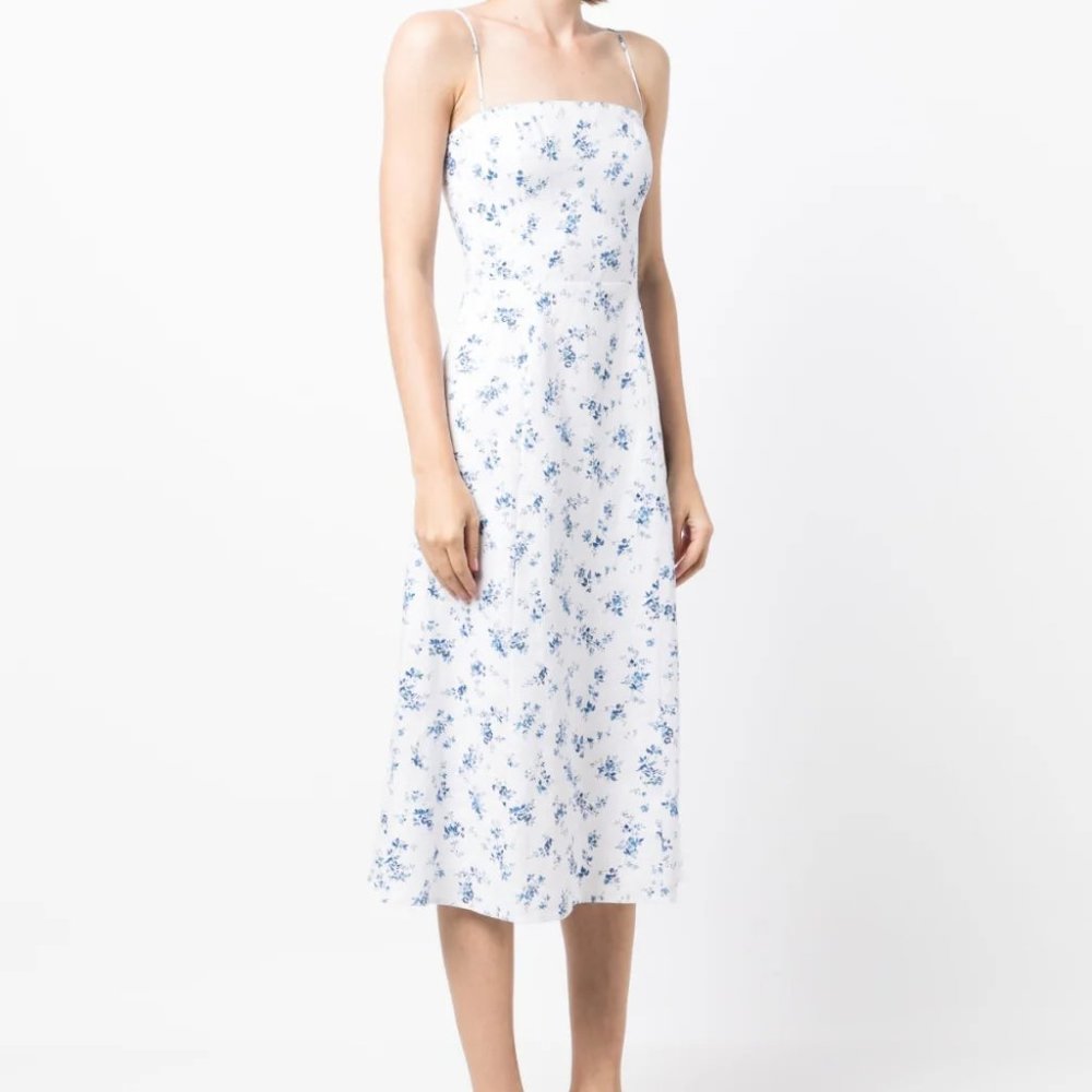 Reformation White Midi Slip Dress with Blue Floral Print